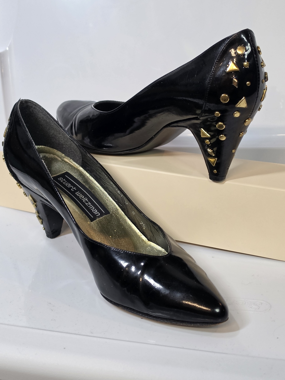 Vintage Stuart Weitzman Black Patent Studded Pointed-Toe Pumps